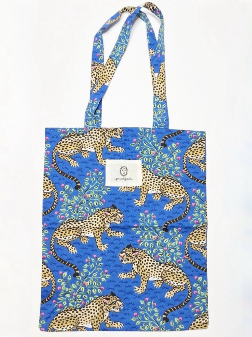 Anthropologie Printfresh Bagheera Tote in Sapphire Blue Animal Print Boho Cotton